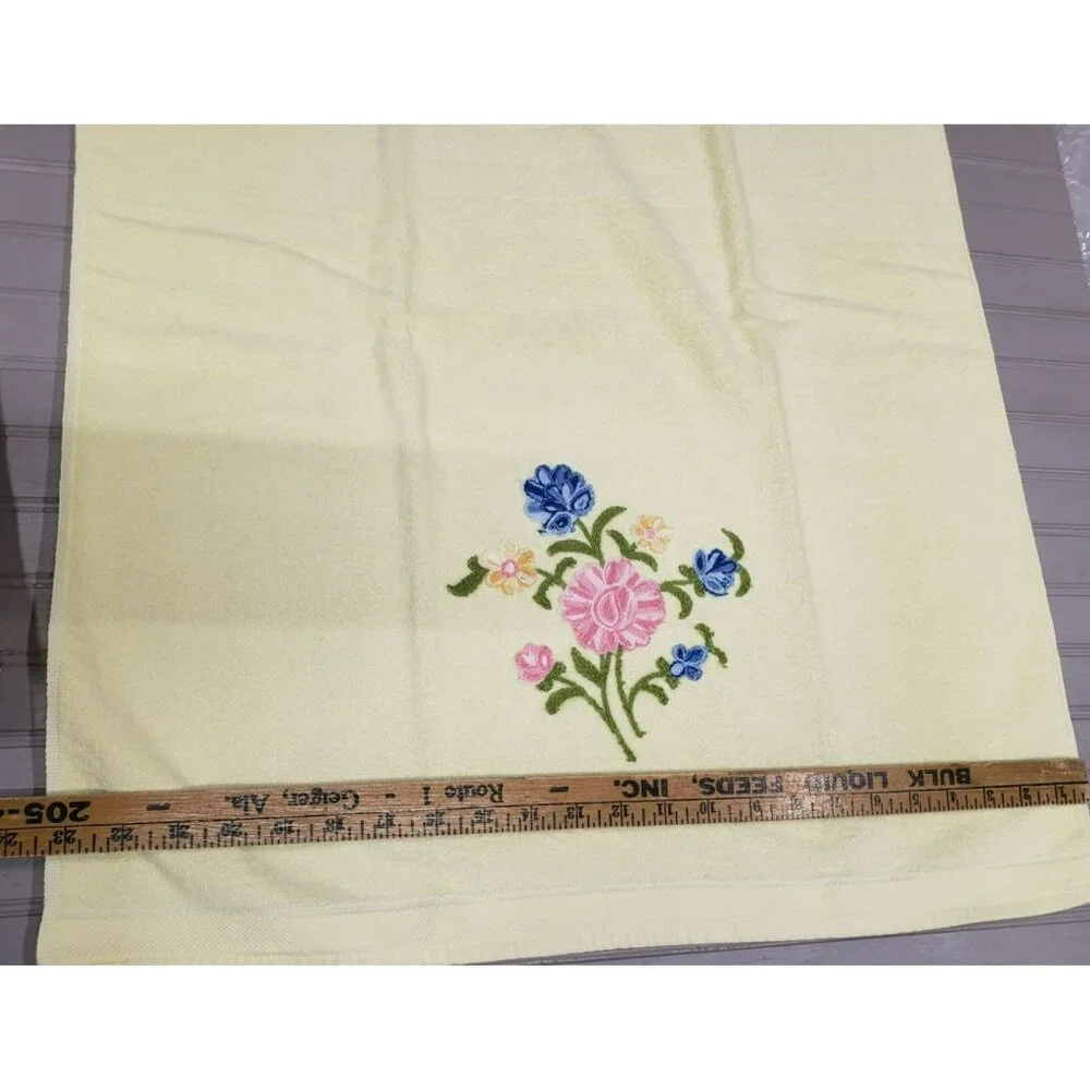 5 pc Vintage Towel Set, The Bathworks, Yellow with Embroidered Flowers